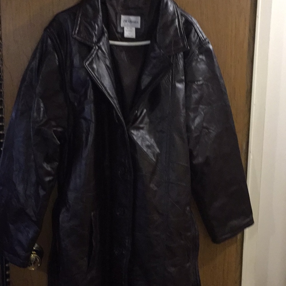 Knee length brown leather jacket